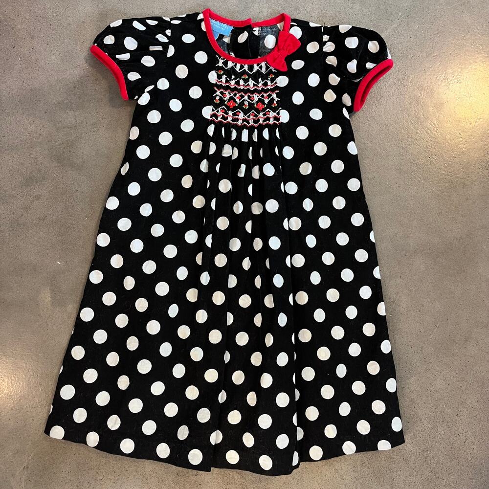 Anavini Hand Smocked cotton black white polka dot corduroy dress vintage 3T NEW